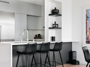 现代厨房轻灰柜、不锈钢件机和黑家具