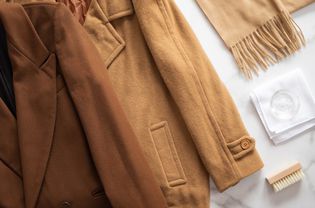 棕色和棕色羊毛大衣铺在白布上除毛围巾、软树刷和玻璃