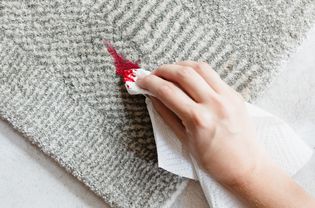 灰地毯上红油染色用纸毛巾擦除