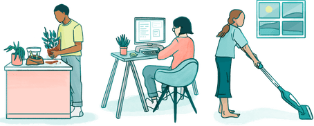 插图:一个男人在盆栽植物，一个女人在电脑上做研究，另一个女人在吸尘