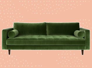 绿色天鹅绒沙发对桃子波尔卡点背景串联